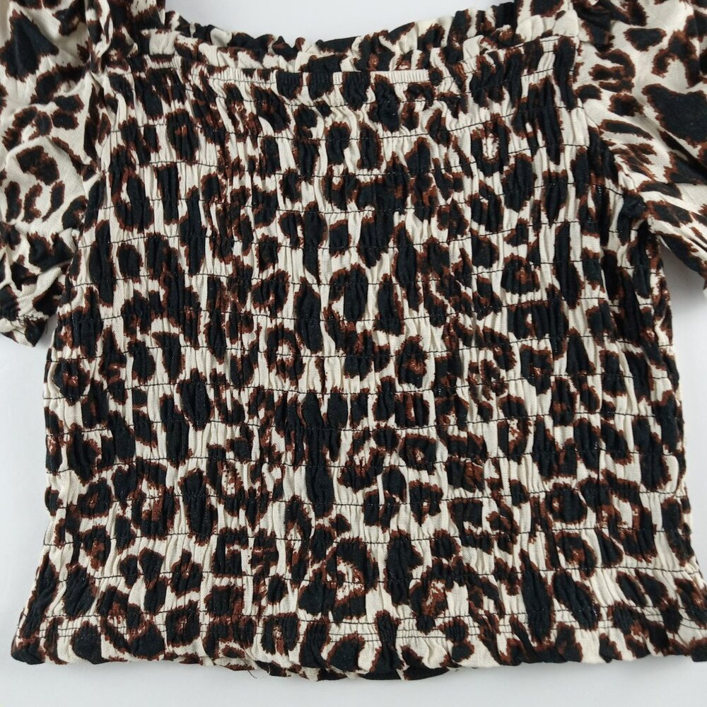 Monteau Puff Sleeve Smocked Crop Top Women's Size XL Leopard Print Linen Blend - Picture 4 of 8